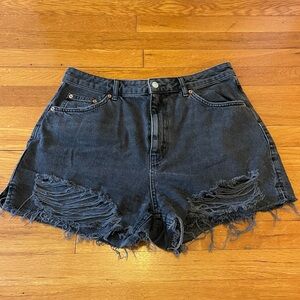 Topshop A-Line High Waist Distressed Black Denim Shorts, Size 12